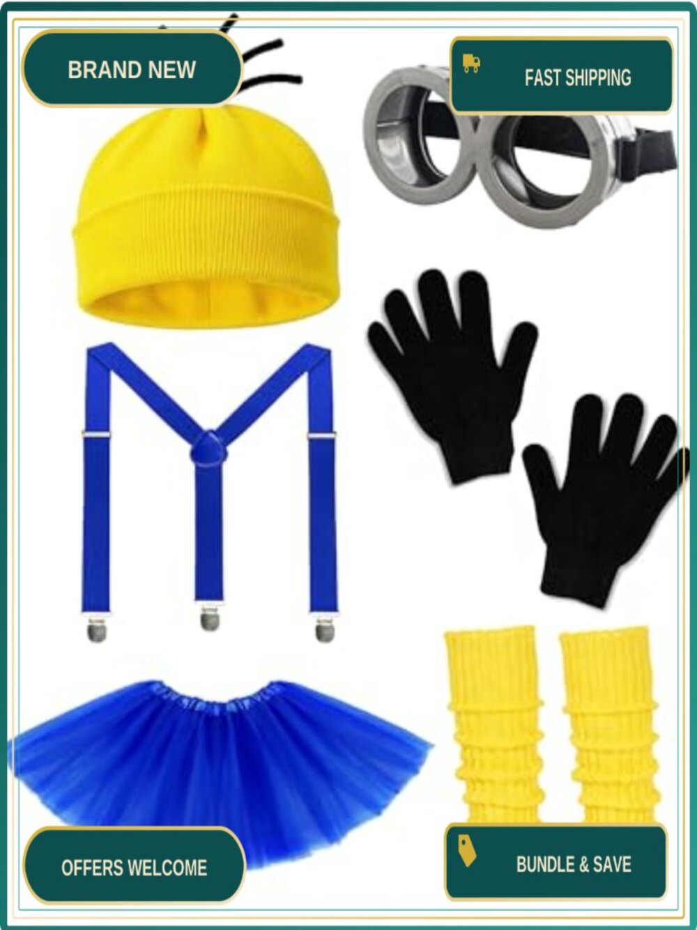 Adult Halloween Costume Accessories Set 6 Piece Goggles Beanie Tutu Cosplay
